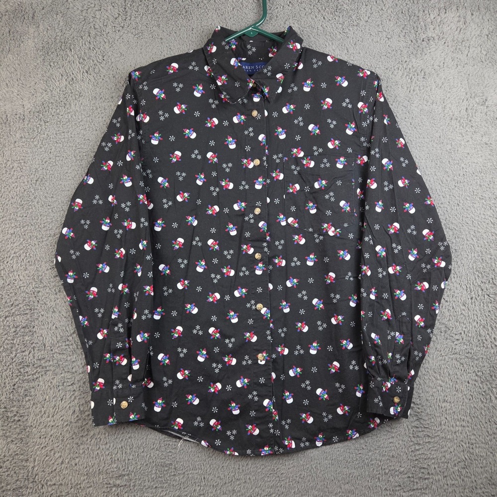 Vintage Christmas Shirt Women's Medium Karen Scott Snowman Winter Black Holiday